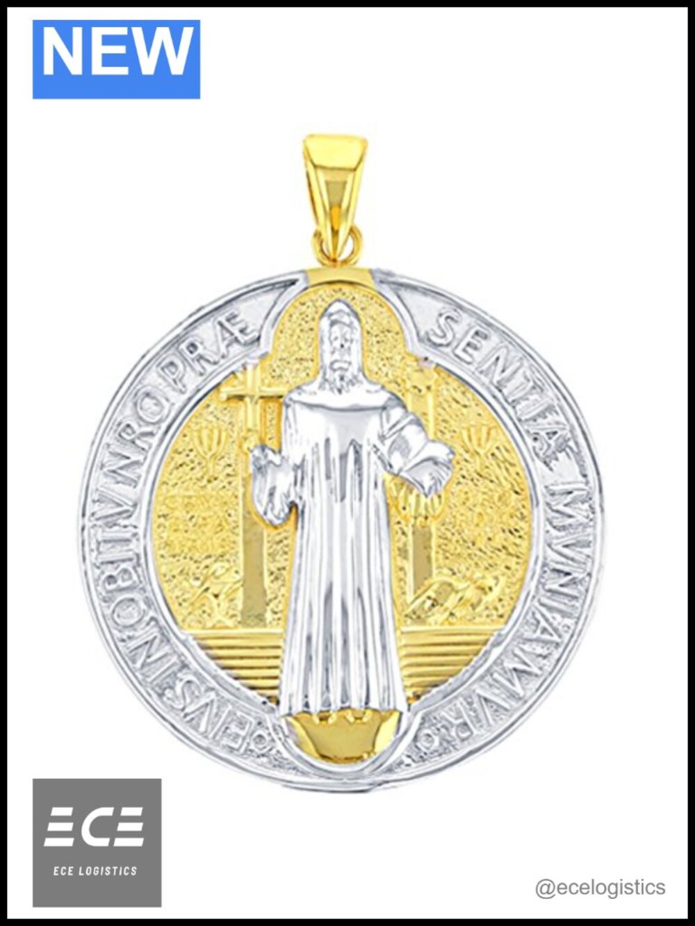 Solid 14K Yellow Gold St Benedict Medal Charm Pendant High Polish